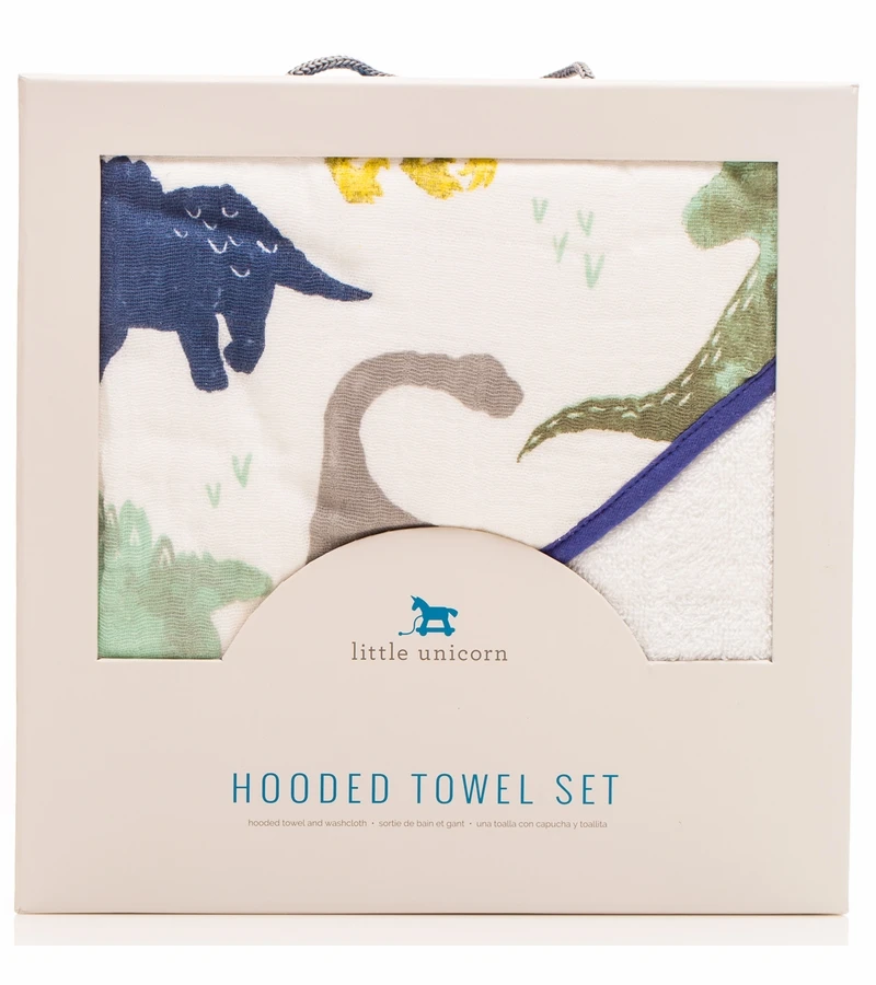 Little Unicorn Cotton Hooded Towel & Washcloth - Dino Friends 2 Little Unicorn Cotton Hooded Towel & Washcloth - Dino Friends - Image 2