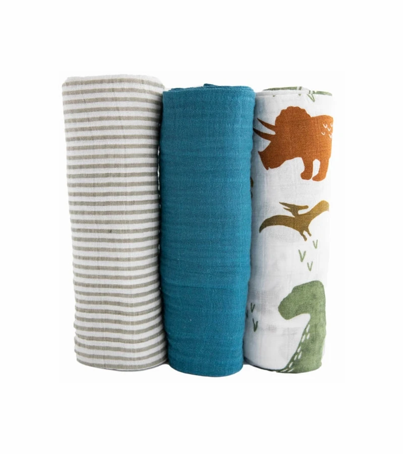 Little Unicorn Cotton Muslin Swaddle 3 Pack - Dino Friends 2 Set 2 Little Unicorn Cotton Muslin Swaddle 3 Pack - Dino Friends 2 Set - Image 2