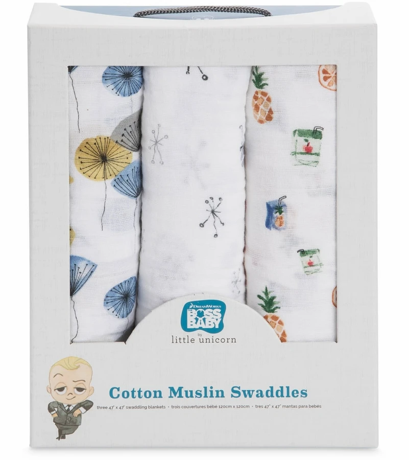 Little Unicorn + The Boss Baby Cotton Muslin Swaddle 3 Pack - Lamby 3 Little Unicorn + The Boss Baby Cotton Muslin Swaddle 3 Pack - Lamby - Image 3