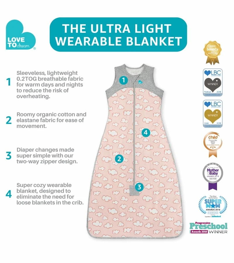 Love To Dream Sleep Bag Organic Cotton Lite .2 TOG, 18-36 M, Daydream Dusty Pink 4 Love To Dream Sleep Bag Organic Cotton Lite .2 TOG, 18-36 M, Daydream Dusty Pink - Image 4