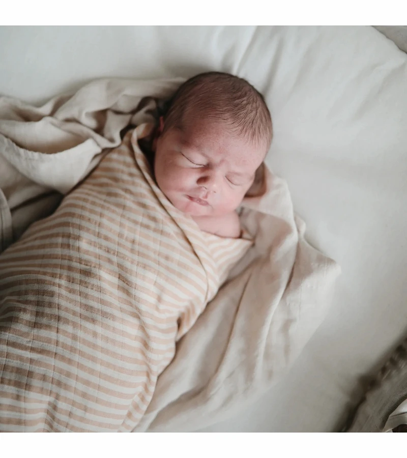 Mushie Organic Cotton Muslin Swaddle Blanket - Natural Stripe 3 Mushie Organic Cotton Muslin Swaddle Blanket - Natural Stripe - Image 3
