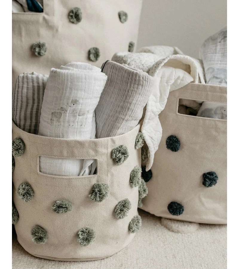 Petit Pehr Pom Pom Basket - Pint - Sage 2 Petit Pehr Pom Pom Basket - Pint - Sage - Image 2